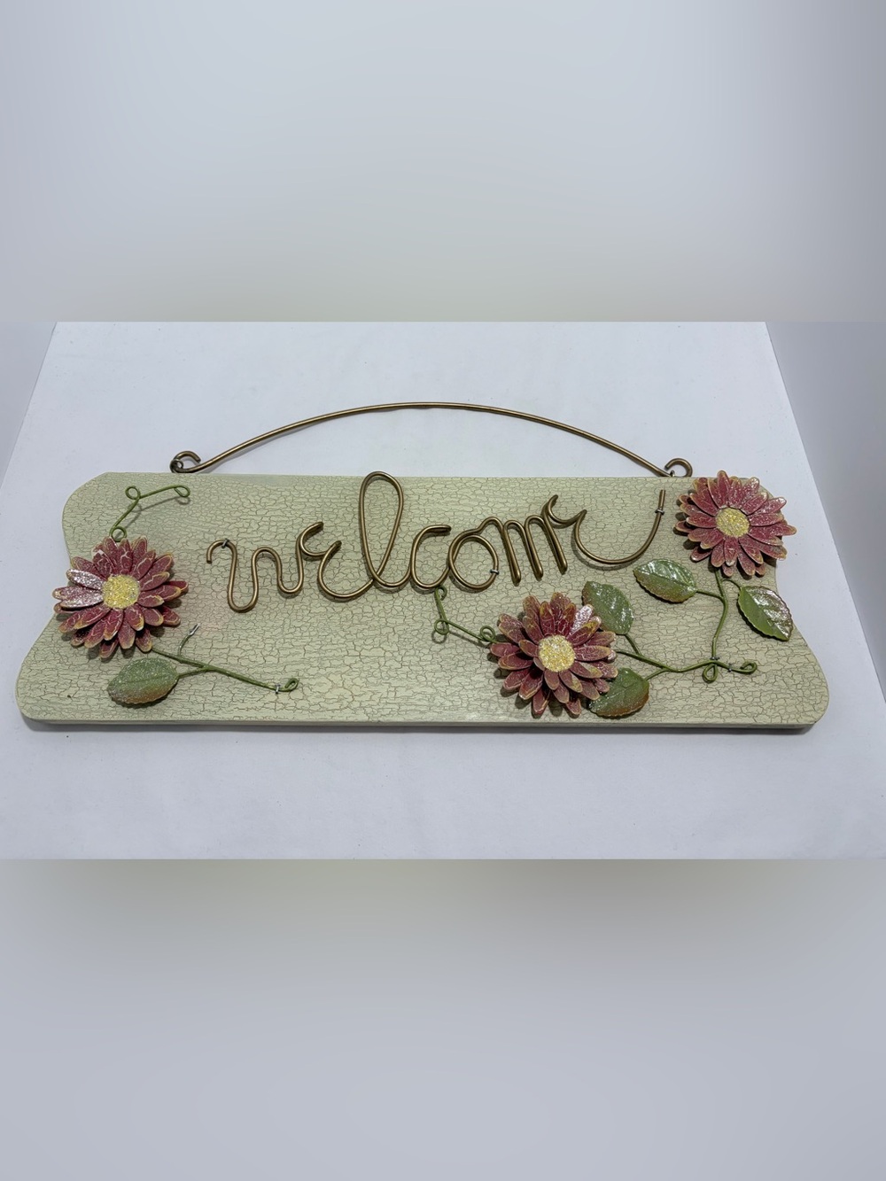 "Welcome" Wooden Wall Accent Crackle Paint & Metal Dusty Pink Flowers